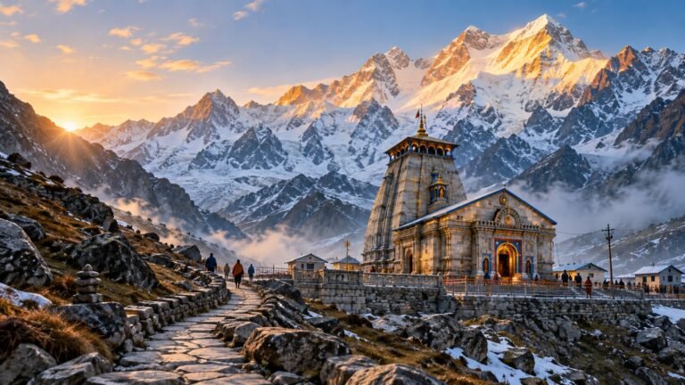 Kedarnath temple in a Himalayan valley at sunrise with snow-capped peaks and the pilgrim trail leading to the shrine